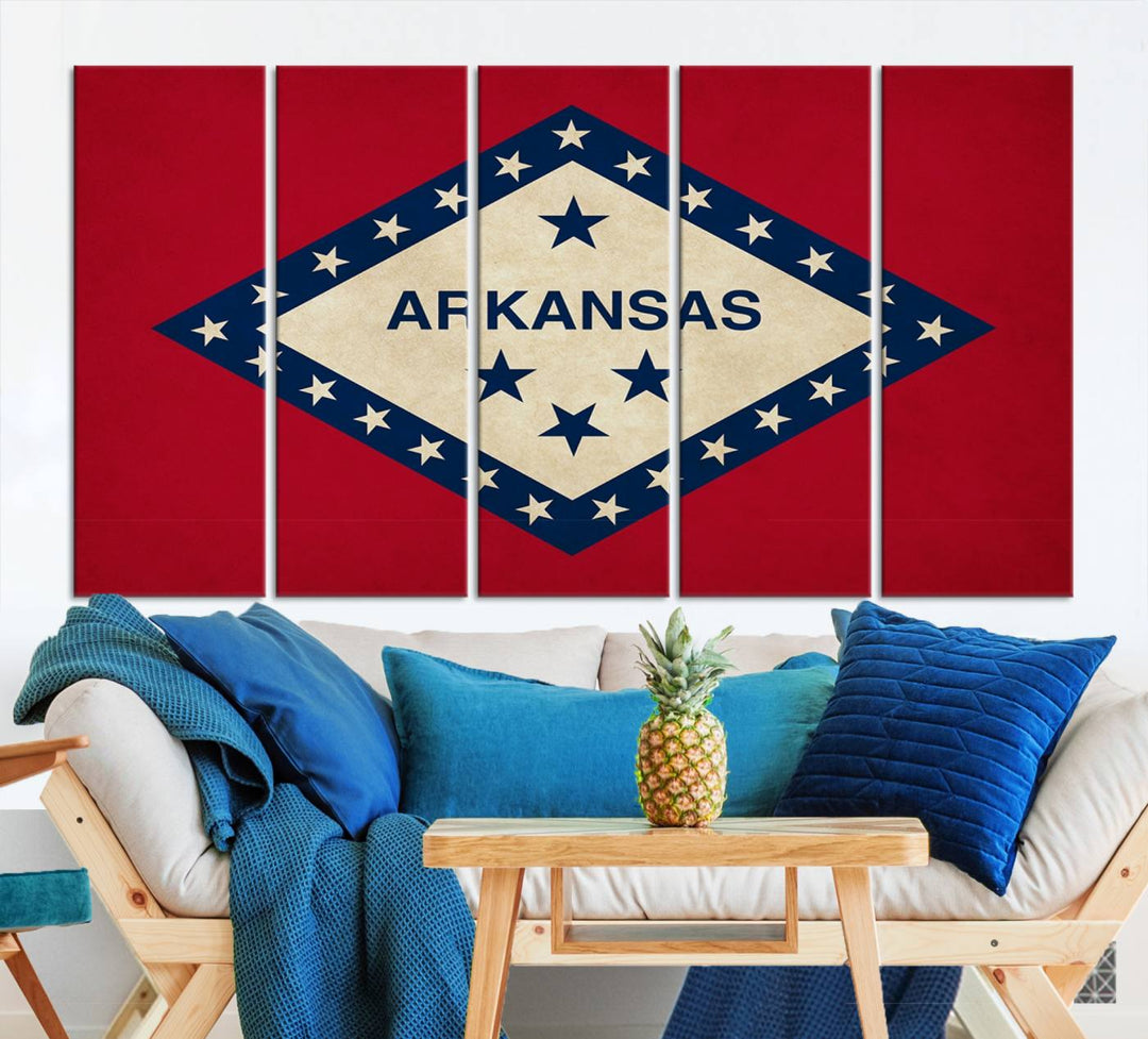 The Arkansas Flag Wall Art Canvas Print is displayed on gallery-wrapped, museum-quality canvases. Its vibrant colors are preserved by a UV-protective coating, ensuring long-lasting brilliance in your living space.