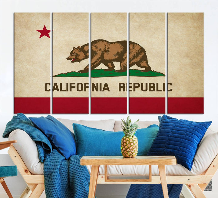 The Calinia States Flag Wall Art Canvas Print, featuring a bear and star design reminiscent of the California Republic flag, is crafted on museum-quality polycotton canvas with a UV-protective coating and is proudly made in the USA.