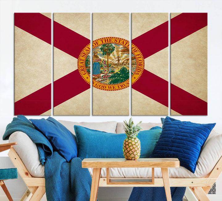 A Florida States Flag Wall Art Canvas Print, featuring a UV-protective coating for museum-quality preservation, is displayed.