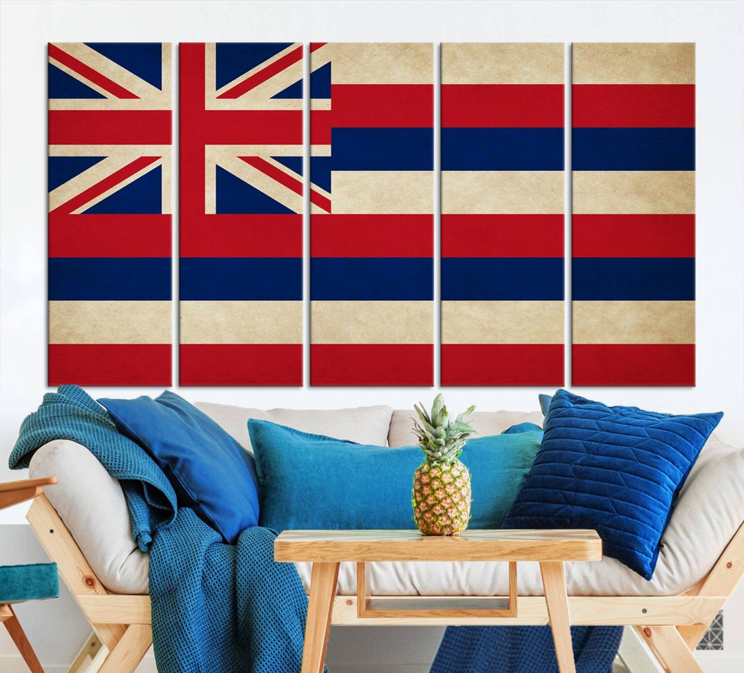 A stunning piece titled "Hawaii USA States Flag Wall Art Canvas Print" adorns the wall. This gallery-wrapped artwork is printed on museum-quality canvas and features a UV-protective coating, ensuring its vibrant colors remain timelessly beautiful.