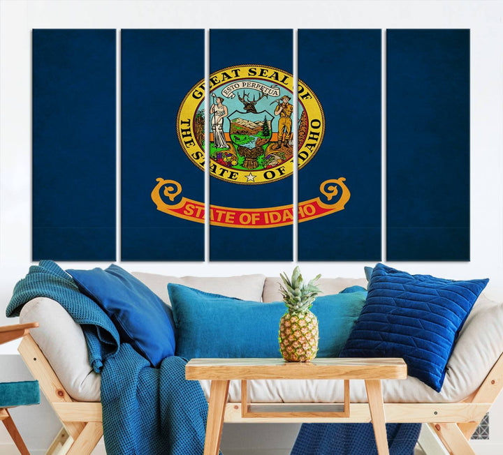 The Idaho USA States Flag Wall Art Canvas Print, featuring a UV-protective coating for lasting vibrancy, is ready to hang.