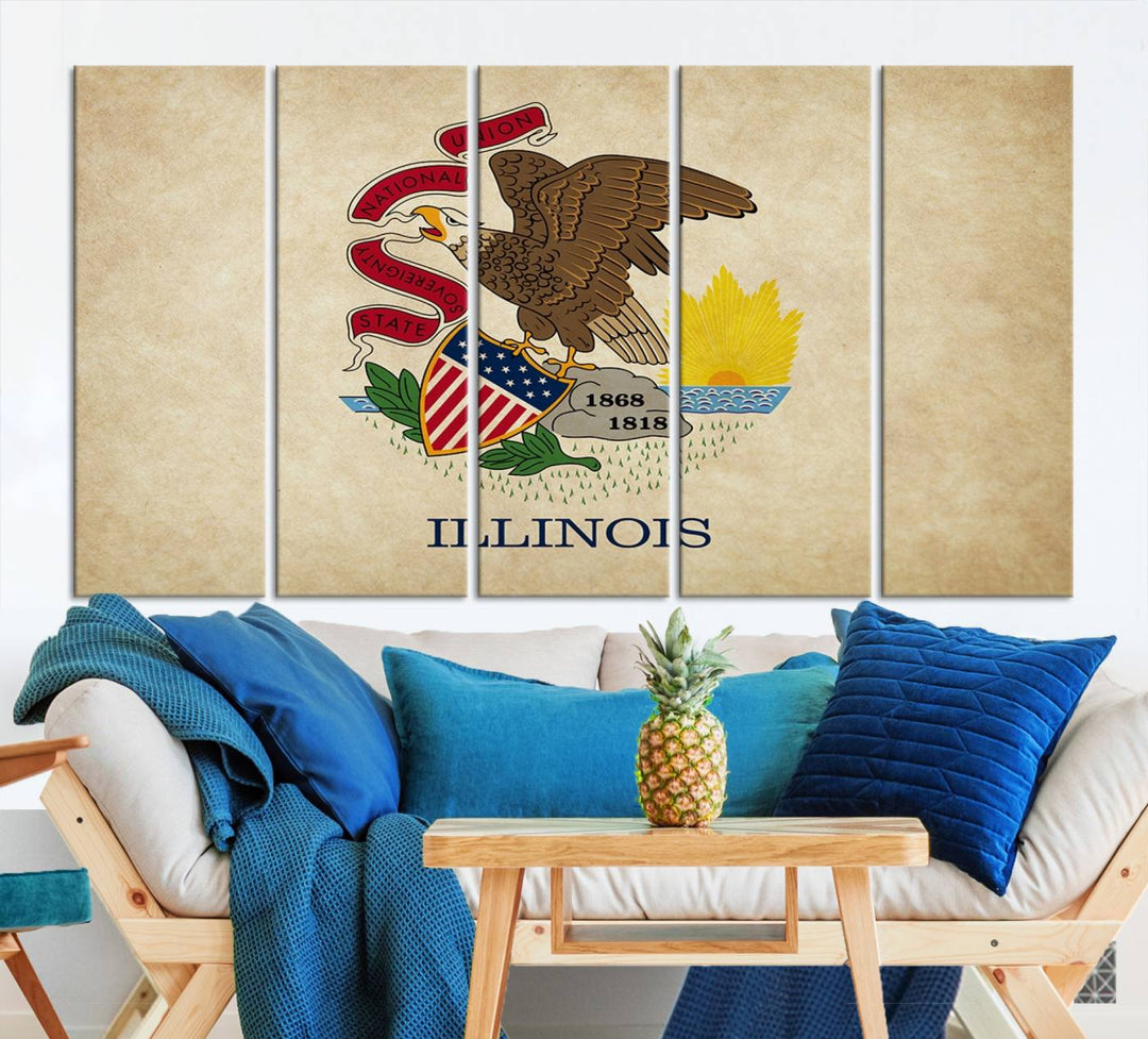 The Illinois State Flag Wall Art Canvas Print, crafted on museum-quality canvas with a UV-protective coating, is displayed prominently.