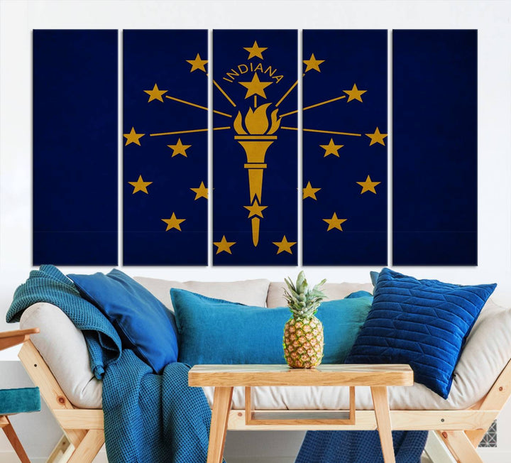 The Indiana States Flag Wall Art Canvas Print, featuring museum-quality canvas with a UV-protective coating, adorns the wall and brings an elegant and charming touch to your living space. Ready to hang, this piece becomes a standout feature in any room.