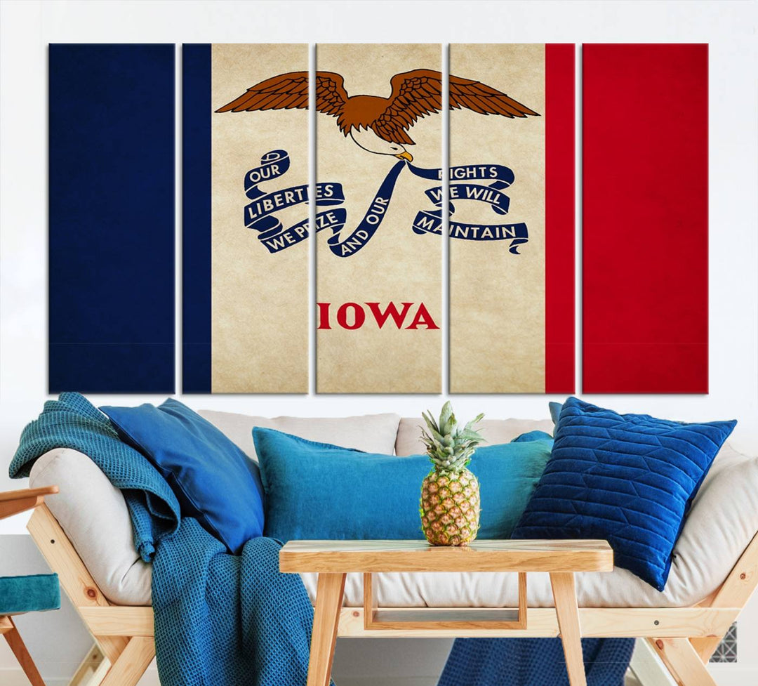 A beautiful Iowa States Flag Wall Art enhances the area, made on museum-quality canvas and boasting a gallery-wrapped design for enduring elegance.