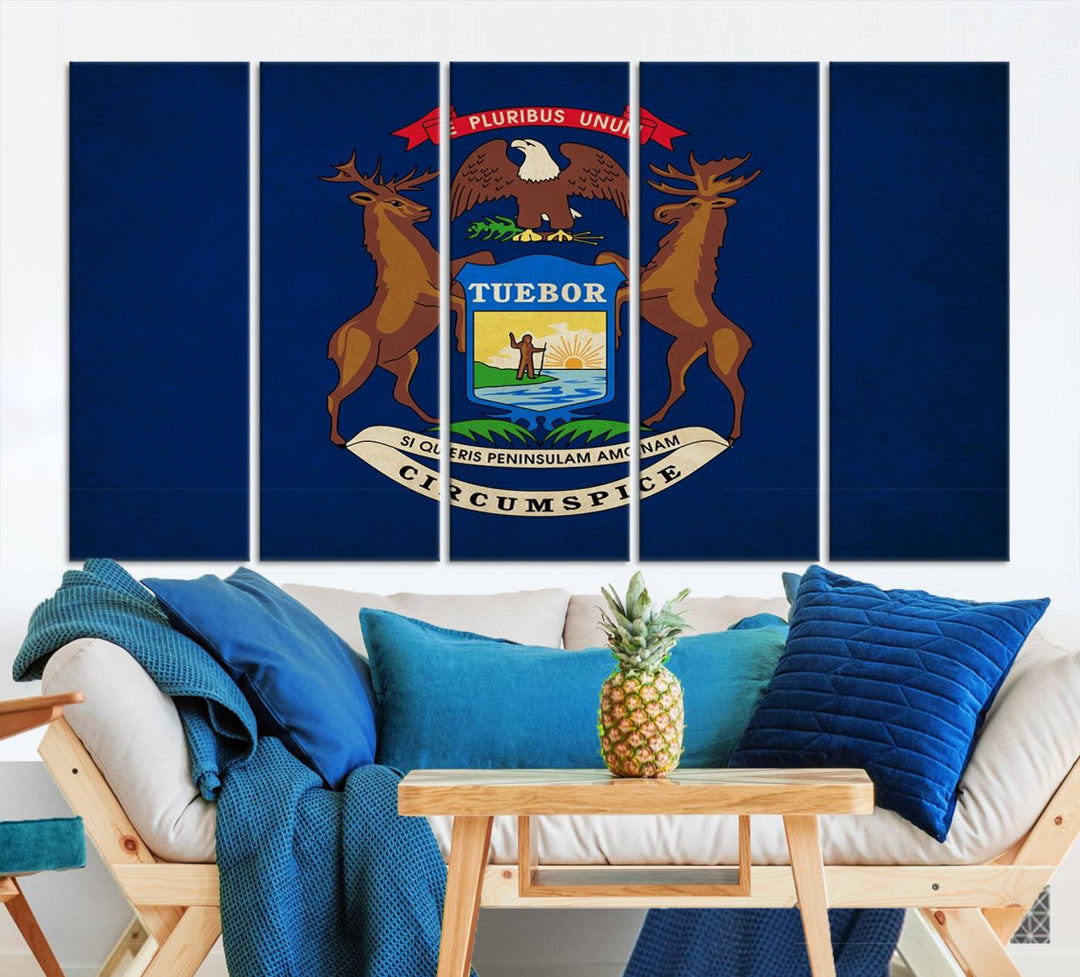 A piece of Michigan State Flag Wall Art on museum-quality canvas features a UV-protective coating to maintain its vibrant colors.