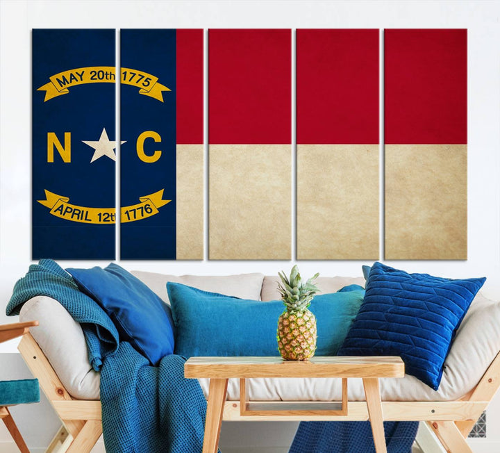 A museum-quality North Carolina State Flag Wall Art Canvas Print graces the wall, adding charm and character to any living space. Enjoy free shipping on this timeless piece.