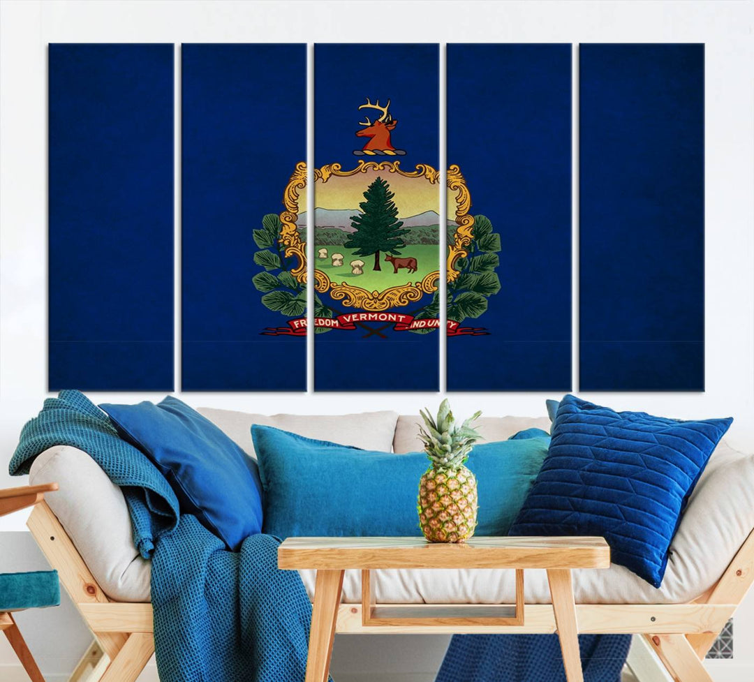 The Vermont Flag Wall Art Canvas Print is a museum-quality piece enhanced with UV-protective finishes, offering both style and durability. Enjoy free shipping on this classic decor addition.