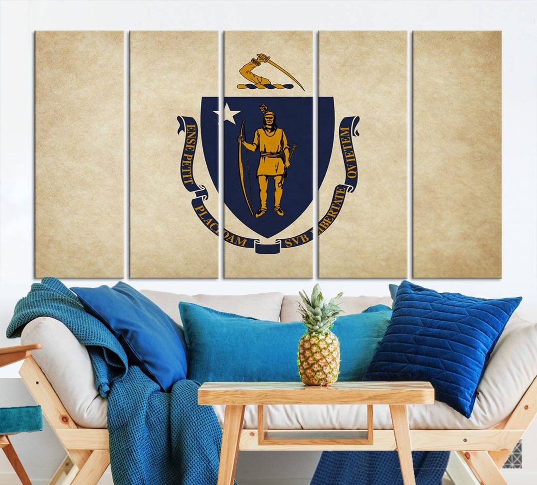 The Massachusetts State of Flag Wall Art Canvas Print, handcrafted on a museum-quality canvas with UV-protective coating, decorates the wall. It is ready to hang and adds a touch of elegance to the space.