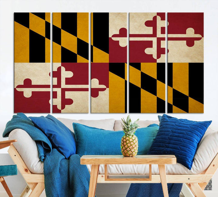 The Maryland Flag Wall Art Canvas Print, boasting a UV-protective coating for vibrant colors and durability, is a museum-quality piece offered with free shipping, making it the perfect addition to your space.