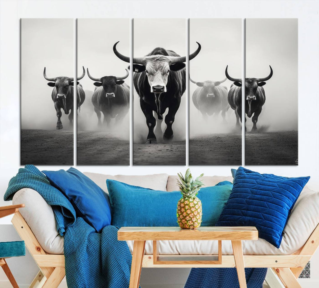 The Texas Longhorn Cow Animal Wall Art Canvas Print beautifully embellishes the area with its depiction of longhorn cattle in a misty setting, seamlessly integrating Western decor into the space.