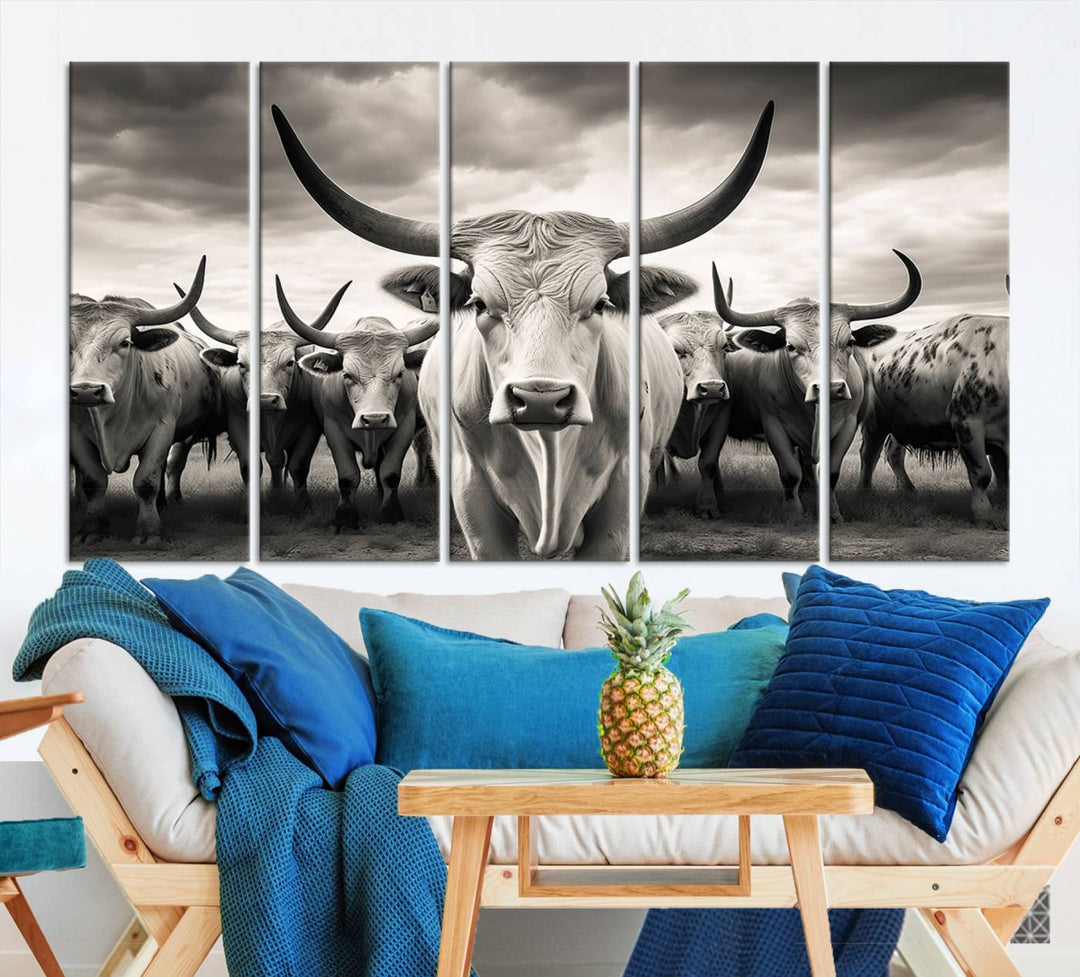 A Texas Longhorn Cow Animal Wall Art Canvas Print introduces a Western-themed accent.