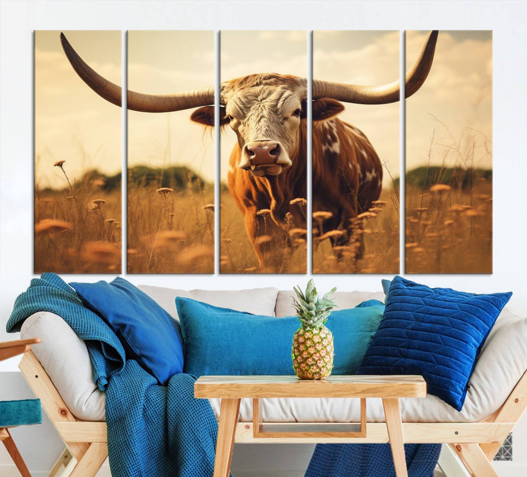 Cow Bighorn Wall Art Canvas Print, Longhorn Texas Cow Animal Canvas Print