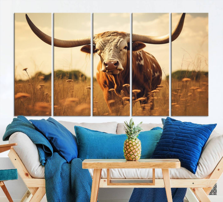 Cow Bighorn Wall Art Canvas Print, Longhorn Texas Cow Animal Canvas Print