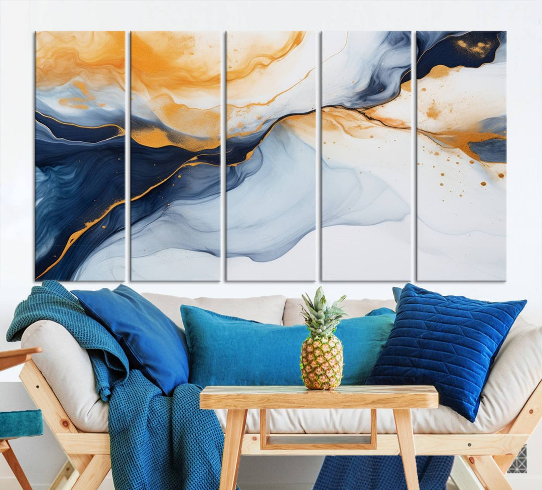 Modern living room featuring the 'Extra Large Orange Navy Blue Abstract Wall Art Canvas Print.'