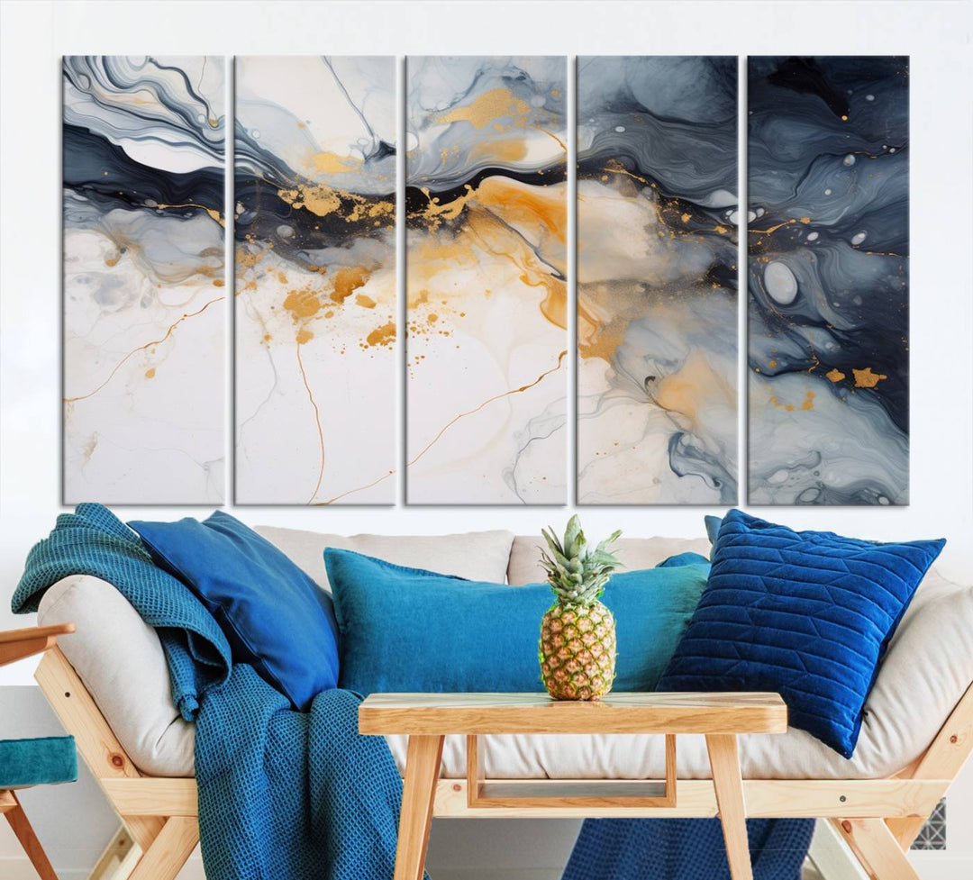 The Dark Blue and Orange Abstract Wall Art, featuring museum-quality canvas with captivating dark and golden swirls, is ready to hang and boasts a UV-protective coating to ensure enduring vibrancy and sophistication.