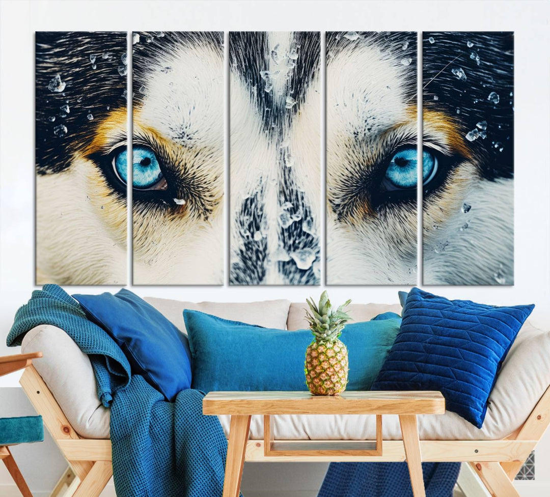 The captivating "Winter Siberian Husky Wolf EYE Wall Art Canvas Print" showcases the striking blue eyes of the animal portrait.