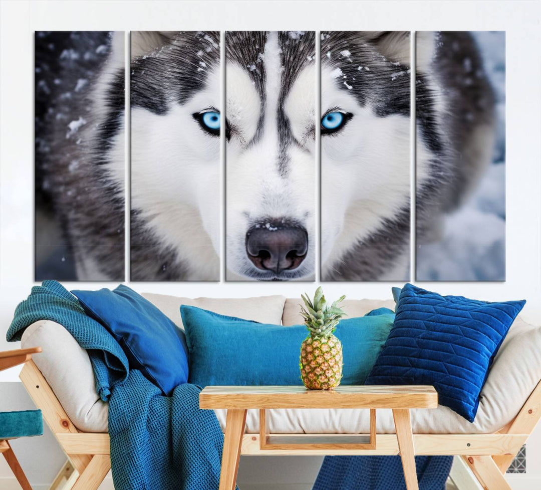 A large framed Winter Siberian Husky Wolf Wall Art Canvas Print, an exquisite piece of animal portrait decor, hangs prominently on the wall.