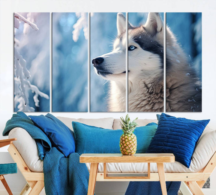 A captivating Winter Siberian Husky Wolf Wall Art Canvas Print hangs prominently.