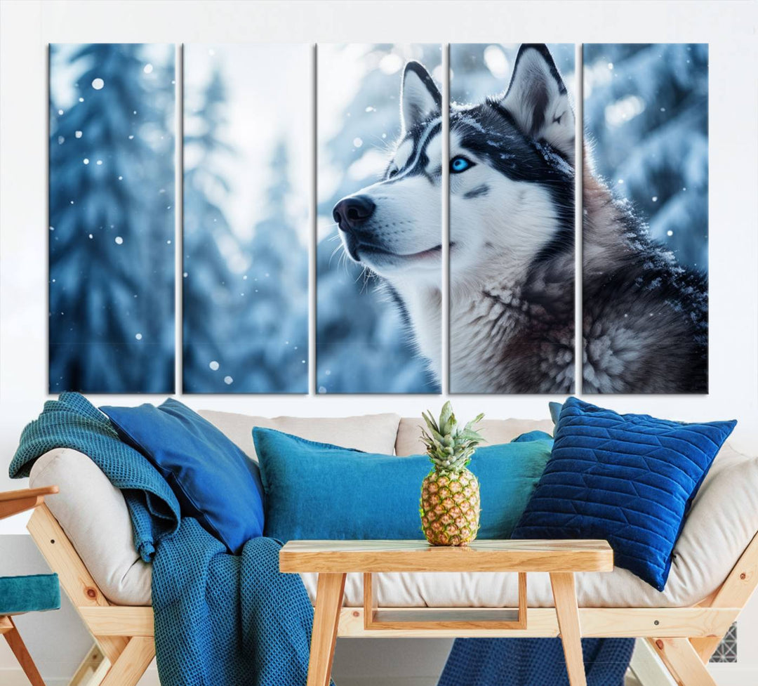 The "Winter Siberian Husky Wolf Wall Art Canvas Print" is elegantly displayed, enhancing the room's cozy ambiance in a snowy forest setting.