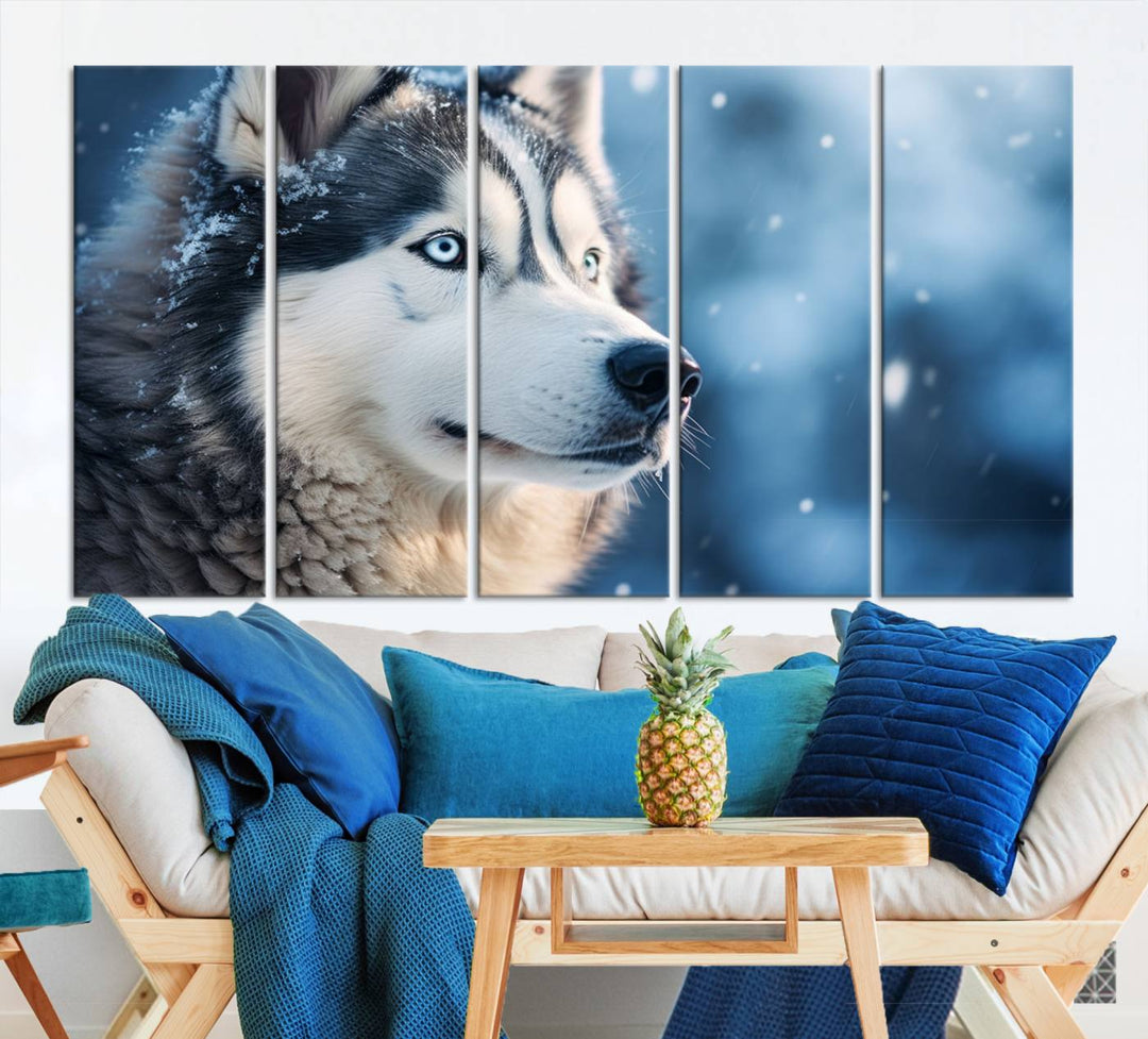 The space above the sofa features the Winter Siberian Husky Wolf Wall Art Canvas Print, creating a stunning snowy scene.