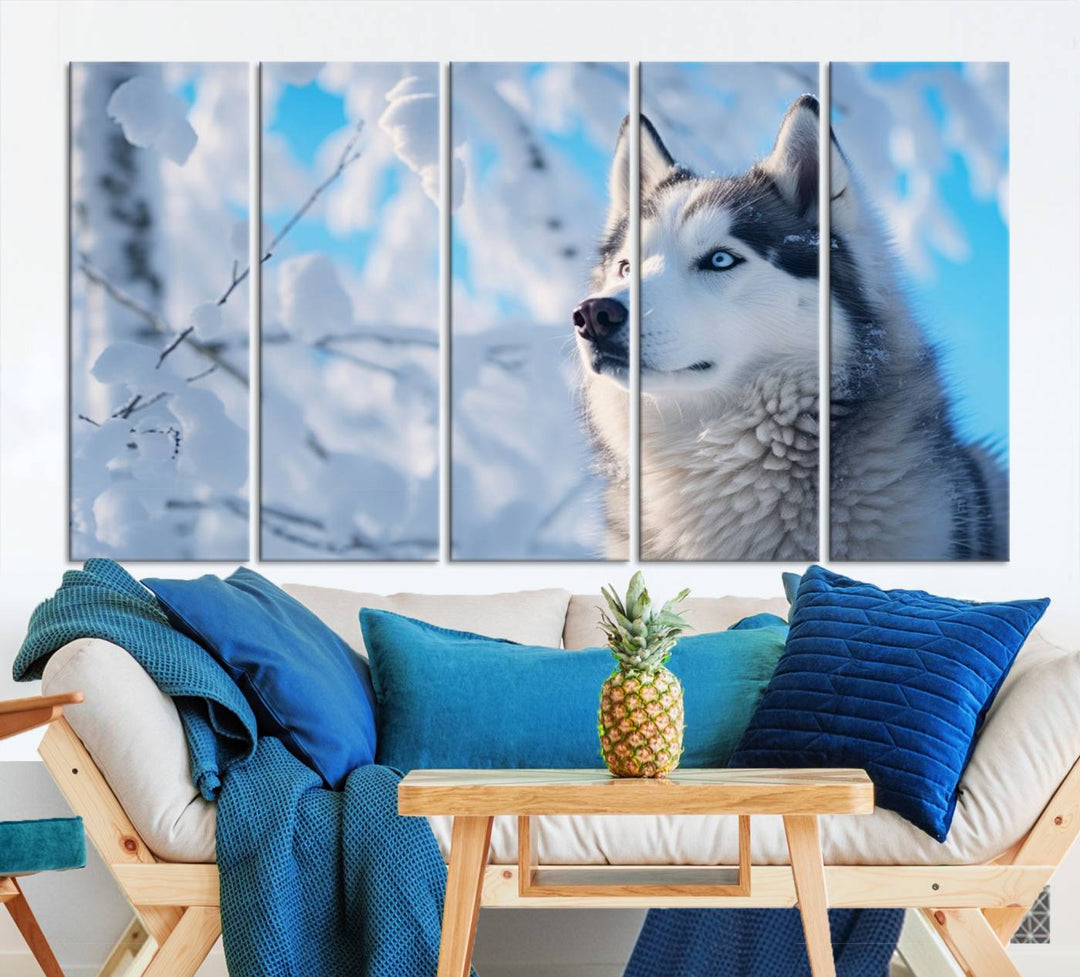 The Siberian Husky Art Canvas elegantly enhances the room.