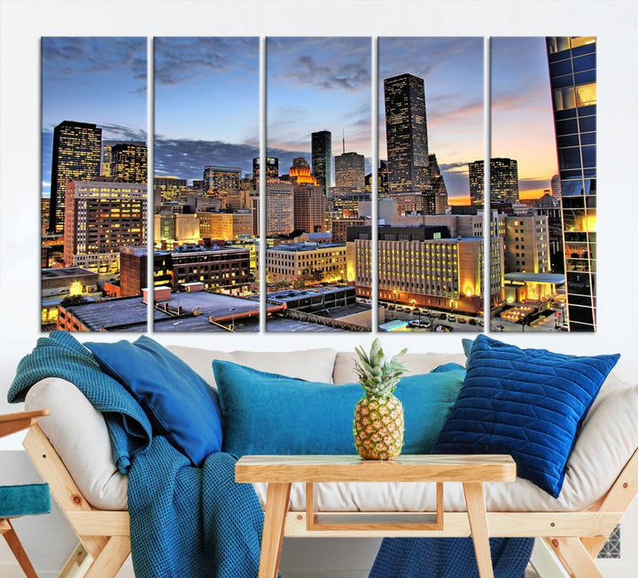 The modern living room features the Houston Wall Art Canvas Print on the wall. This professional craftsman framed masterpiece depicts a cityscape and is created with museum-quality polycotton canvas, ensuring a polished look that enhances its elegant charm.