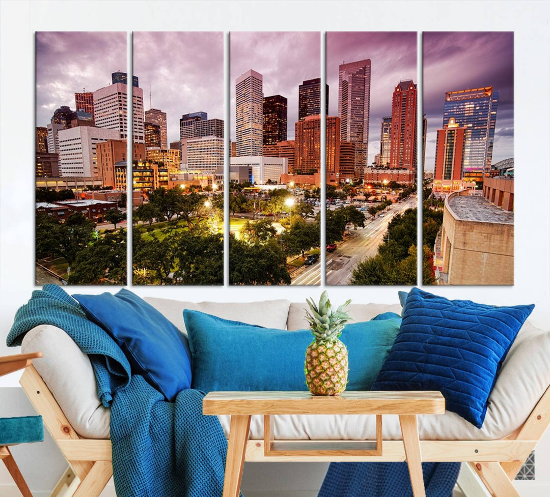 The Houston Wall Art Canvas Print in the living room displays a vibrant city skyline at twilight on museum-quality canvas with UV-protective coating.