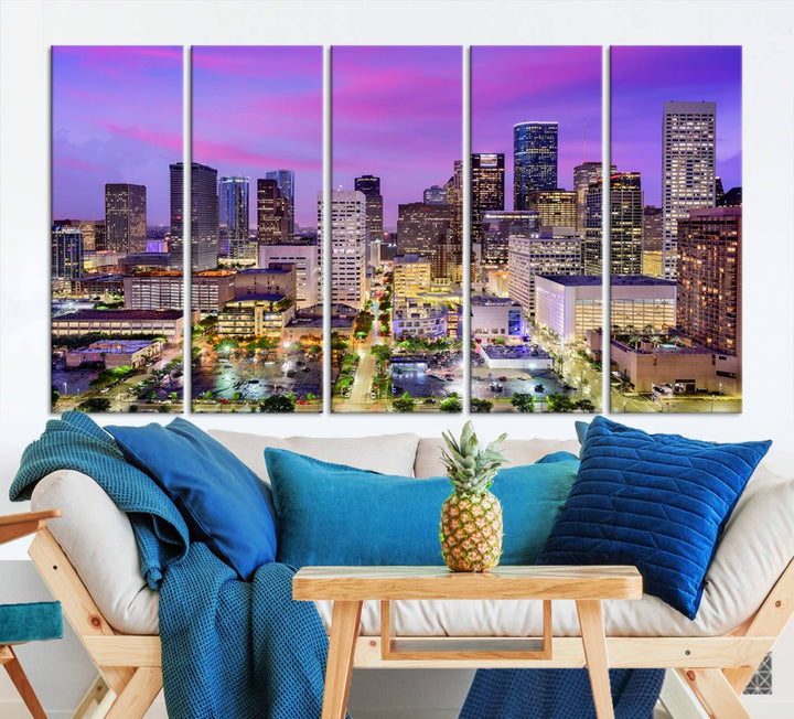 Houston Wall Art Canvas Print showcasing a vibrant cityscape at dusk on museum-quality canvas, expertly crafted by professional craftsmen.