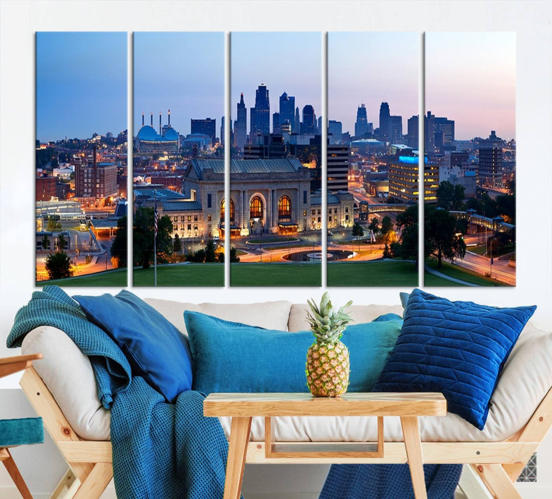 The Kansas City Skyline Canvas Wall Art Print hangs above, showcasing an iconic dusk cityscape with a historic building in the foreground, exuding urban sophistication.