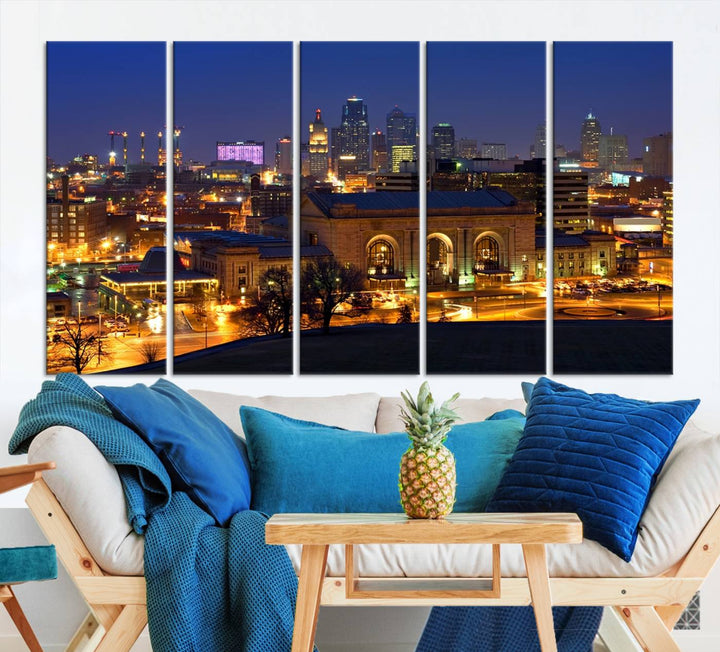 The Kansas City Night Canvas Print Wall Art creates a scene as captivating as museum-quality art, showcasing a city skyline at night with illuminated buildings.