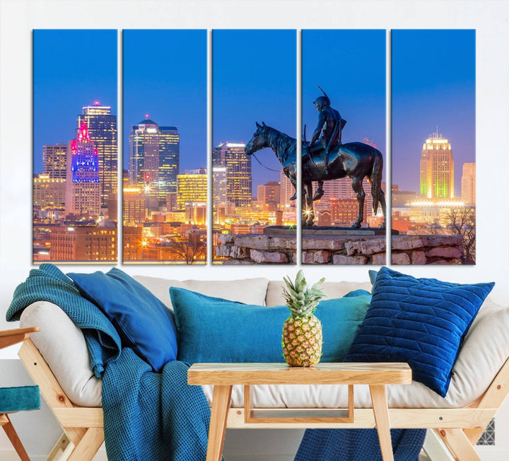 A large Kansas City Night Canvas Print Wall Art adorns the wall, gallery wrapped and finished with a UV-protective coating for lasting vibrancy.