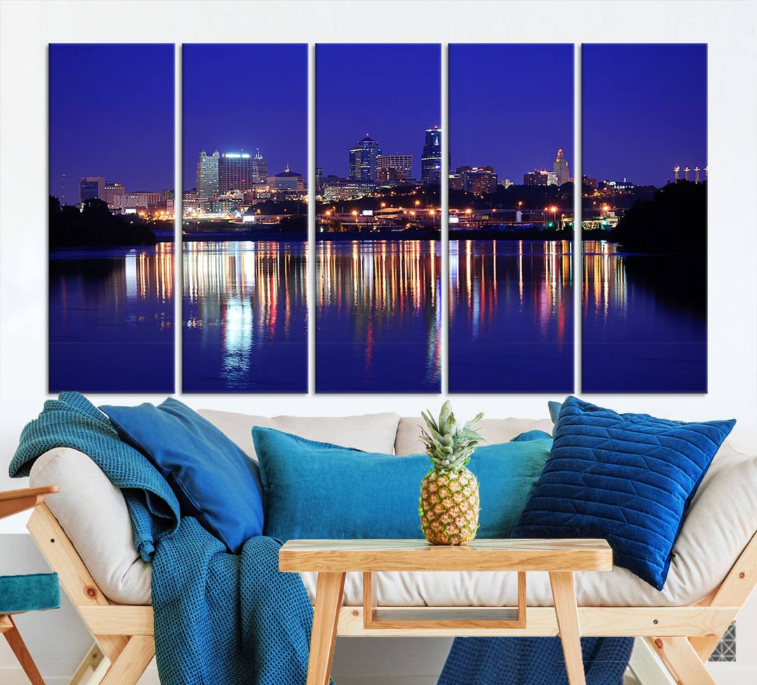 The Kansas City Night Canvas Print Wall Art captures the shimmering city skyline on the calm water, where every detail resembles a museum-quality polycotton masterpiece.