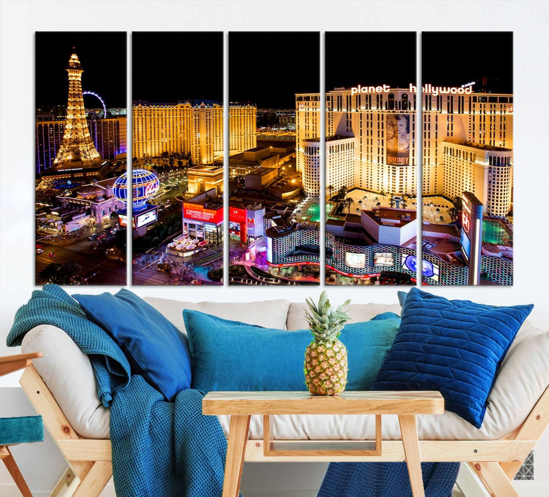 The Las Vegas Wall Art Canvas Print is a triptych set that showcases a stunning night view of Las Vegas. The illuminated buildings and the iconic faux Eiffel Tower add elegance to any space. Each piece comes with a UV-protective coating and is ready to hang, ensuring both style and durability.