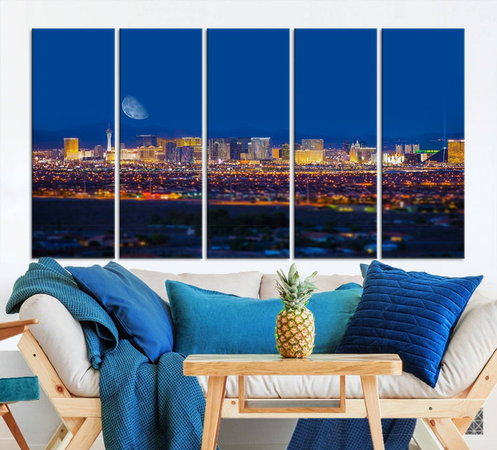 The Las Vegas Wall Art Canvas Print, depicting a city skyline at night, enhances a modern living room with its museum-quality canvas. This triptych comes ready to hang and boasts a UV-protective coating for lasting brilliance.