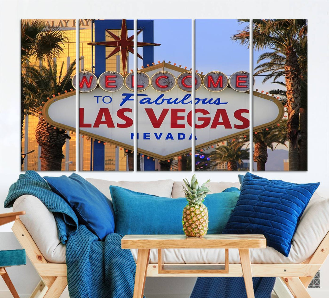 A Las Vegas Wall Art Canvas Print hangs on the wall, showcasing the iconic Welcome to Fabulous Las Vegas, Nevada sign. The museum-quality canvas guarantees vibrant colors with its UV-protective coating and is available with free shipping for added convenience.