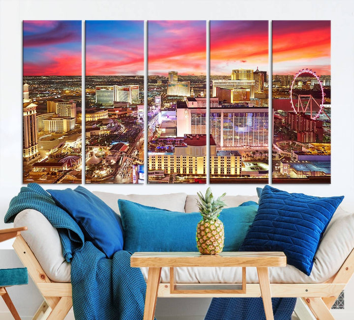 Las Vegas Wall Art Canvas Print depicting a vibrant cityscape at dusk on museum-quality canvas with a UV-protective coating, showcasing a skyline with colorful clouds.