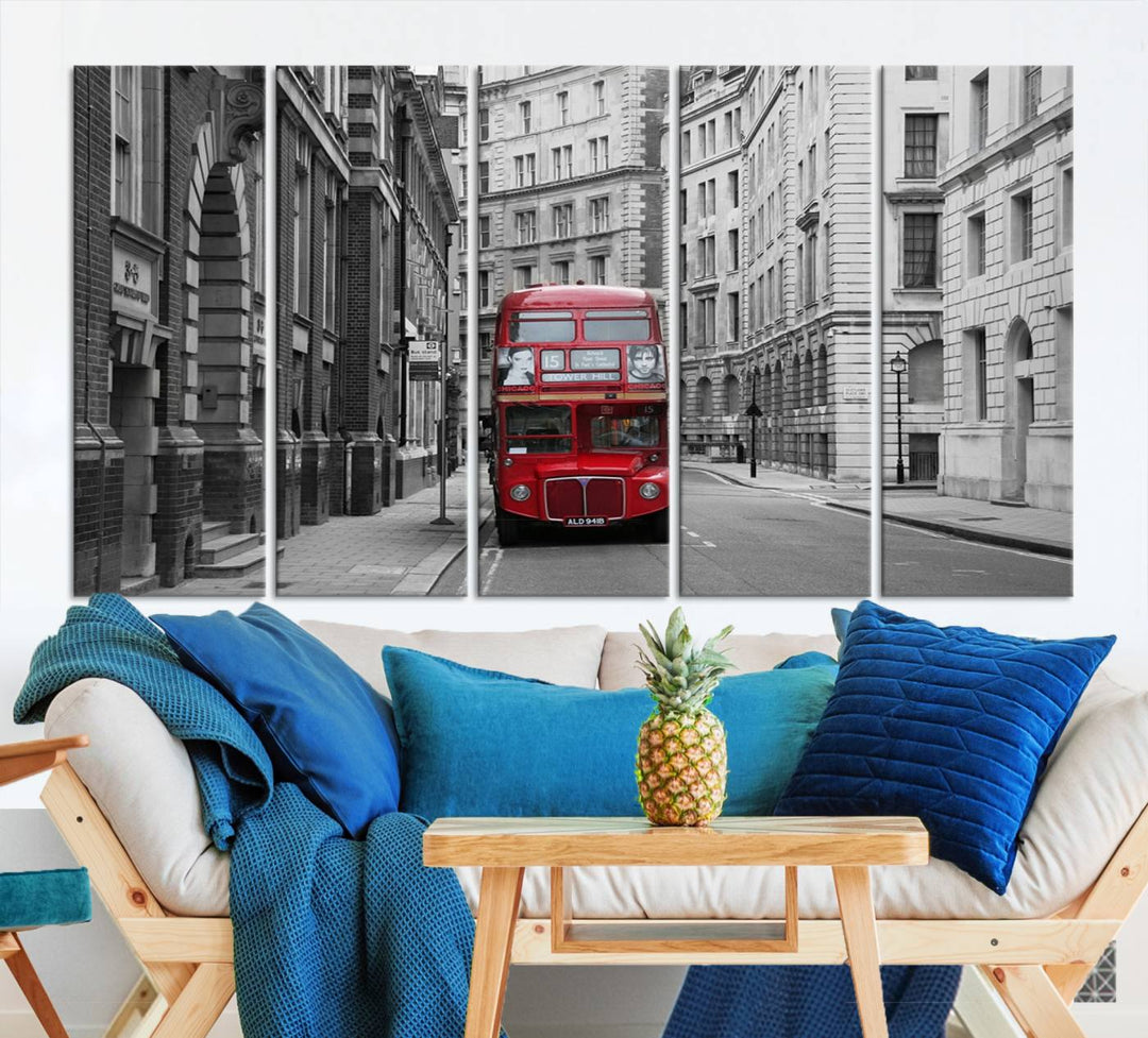 The living room features museum-quality London Red Bus Wall Art, showcasing a split canvas print of a red bus on a black and white city street. This artwork is ready to hang and includes a UV-protective coating to ensure long-lasting vibrance.