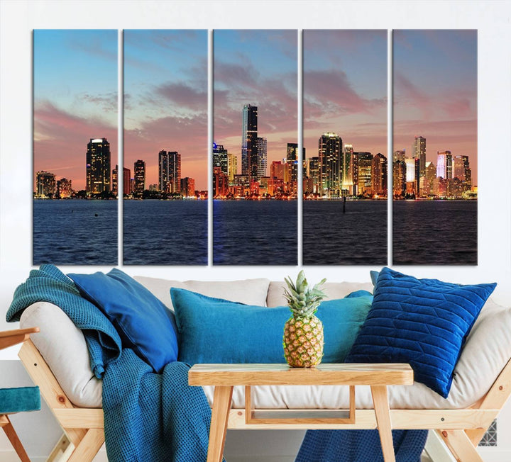 The Wall Art MIAMI Canvas Print emphasizes a vibrant cityscape at sunset. This artwork is presented on museum-quality canvas with gallery-wrapped edges, ensuring it stands out while maintaining its pristine condition for years to come.