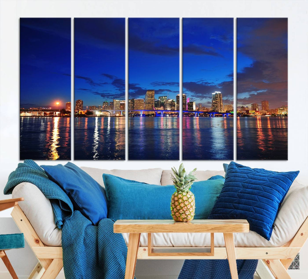 A large Miami City View Wall Art Canvas Print featuring the Miami City Skyline Panorama at night is displayed above the dresser.