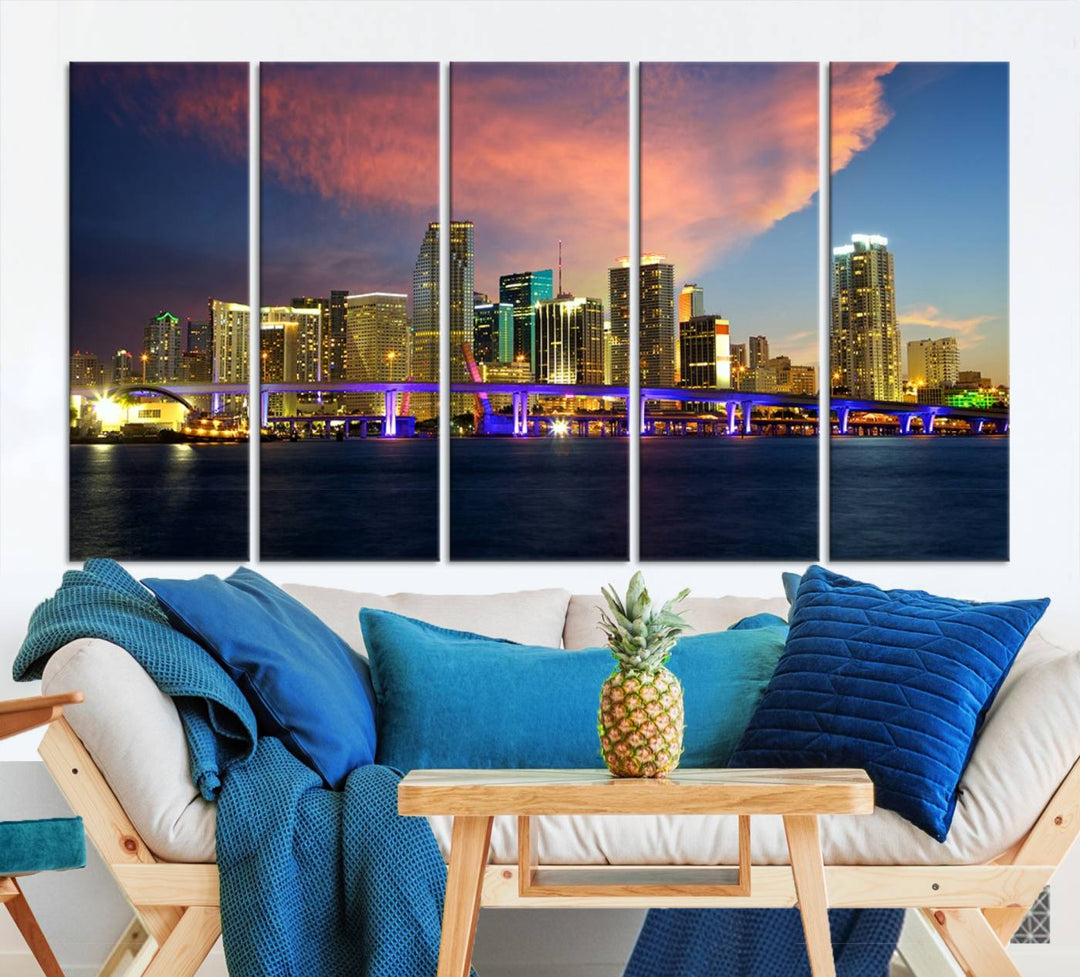 The modern living room is enhanced by the "Miami City Wall Art Canvas Print," a stunning triptych portraying a city skyline at sunset. These canvases are gallery wrapped and made from museum-quality materials, featuring a UV-protective coating to ensure lasting vibrancy.