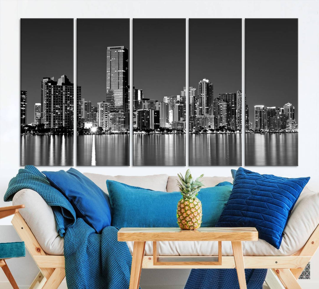 The Miami City Wall Art Canvas Print, a stunning triptych of the Miami skyline, elegantly hangs in this modern living room.