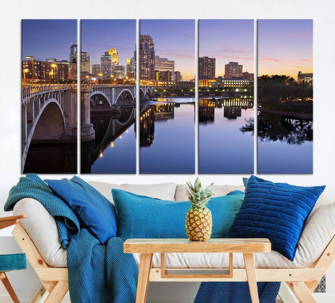 Display the Minneapolis Wall Art Canvas Print, featuring the Minnesota cityscape at dusk, on gallery-wrapped, museum-quality canvas.