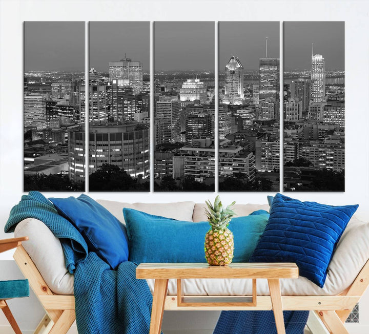 The gallery-wrapped, museum-quality canvas print features the Montreal Canada City Wall Art, showcasing a cityscape at night in black and white.