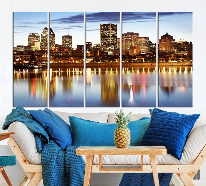 A Montreal Canada City Wall Art Canvas Print, depicting the cityscape at dusk and reflecting in calm waters, is crafted with museum-quality canvases and a UV-protective coating. This remarkable piece guarantees vibrant colors that remain stunning and ready to hang for years to come.