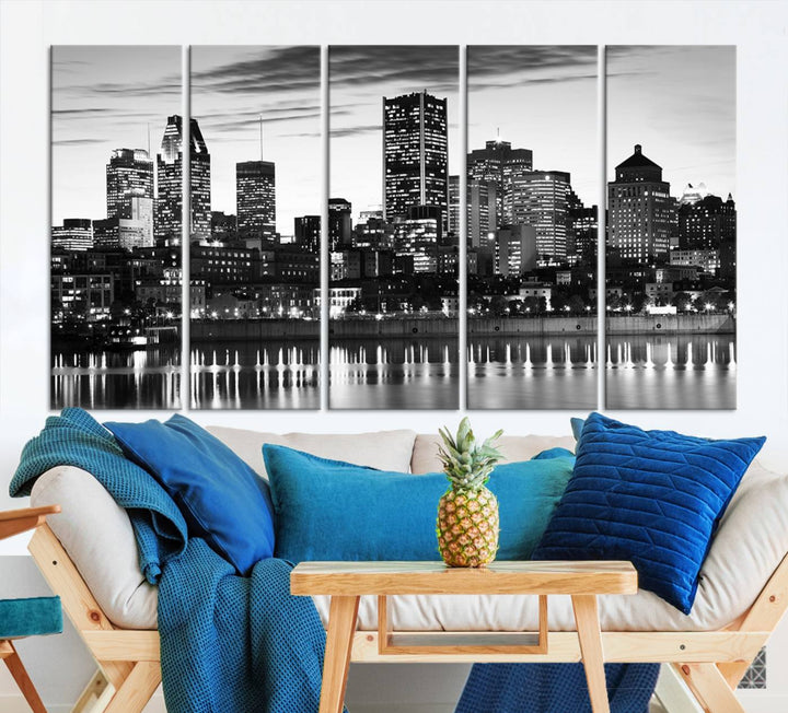 The contemporary living room features the Montreal Canada City Wall Art Canvas Print, an elegantly gallery-wrapped triptych on museum-quality canvas, prominently hung above.