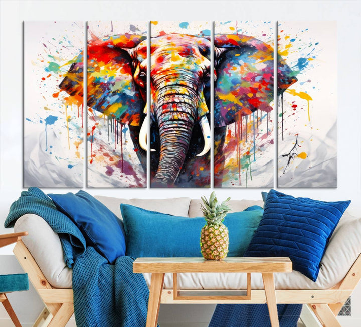 Impresión en lienzo de arte abstracto de pared de elefante de acuarela para decoración moderna del hogar, oficina, sala de estar y comedor