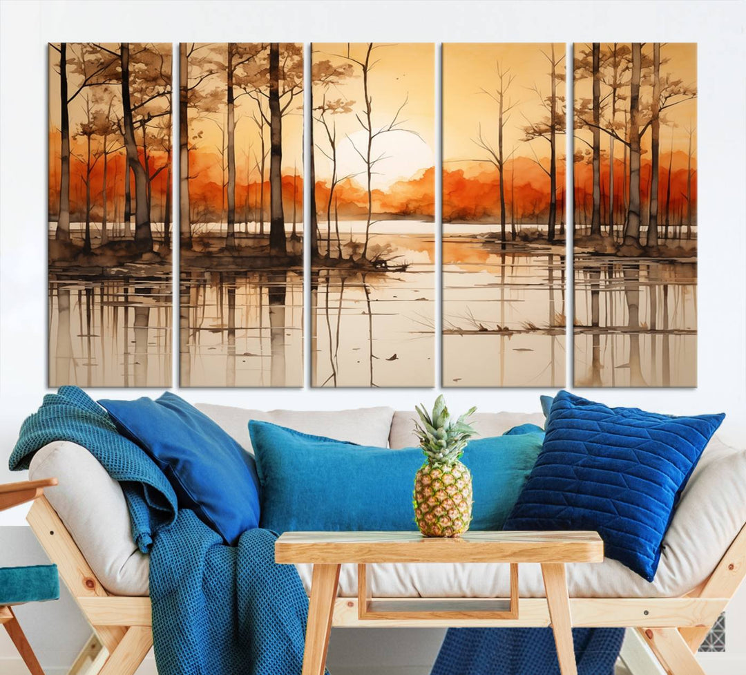 An Abstract Watercolor Trees and Sunset on Lake Wall Art Canvas Print, created on museum-quality canvas.