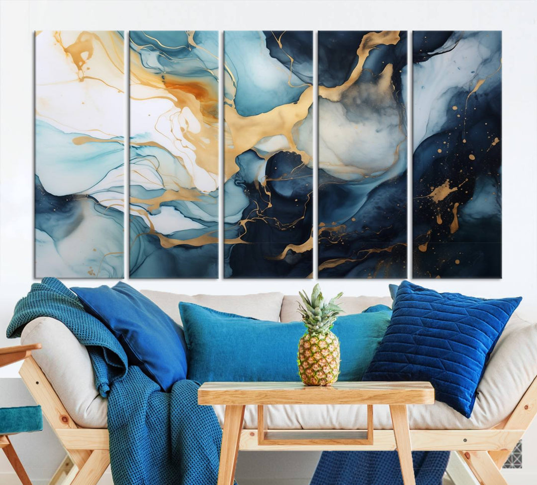 The living room is enhanced by the Marble Fluid Abstract Wall Art Canvas Print, which adds a touch of sophistication.