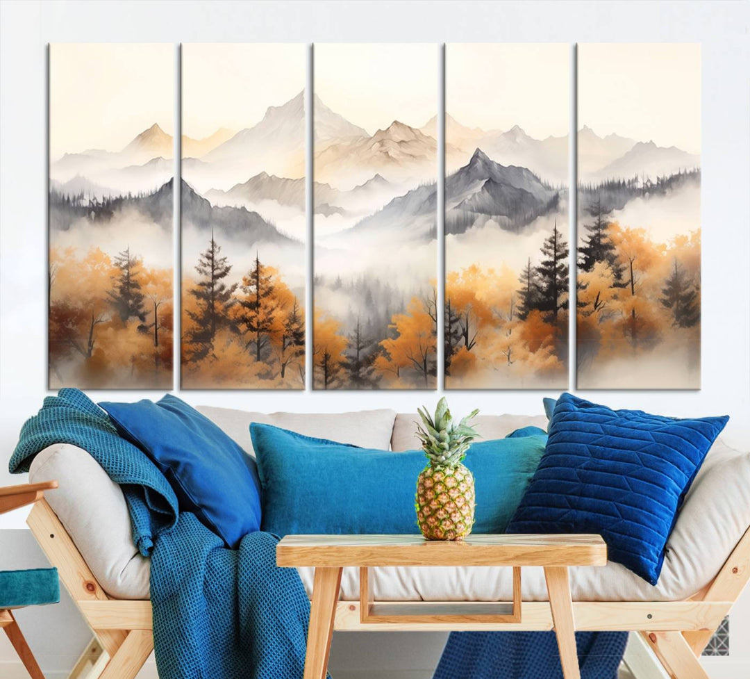 Art mural abstrait aquarelle montagnes et arbres automne