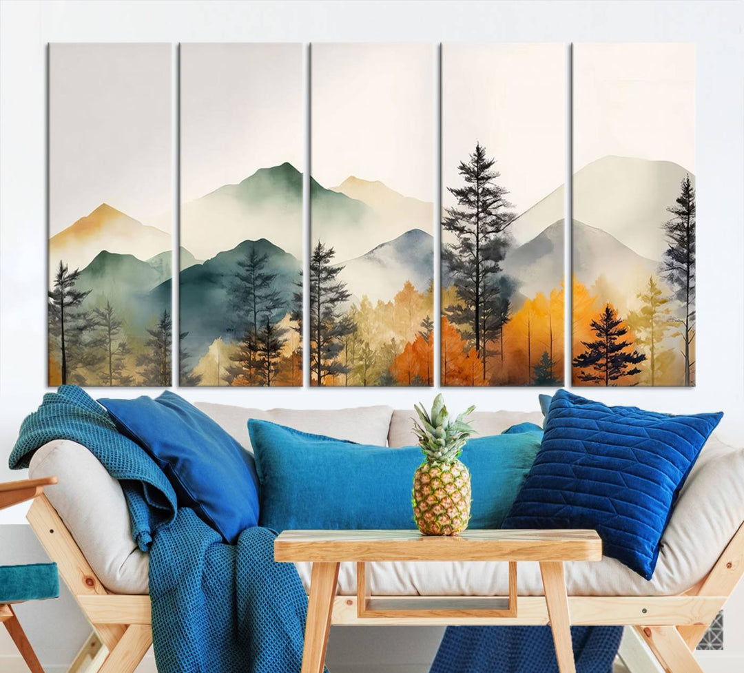 The Abstract Watercolor Mountains and Trees Autumn Wall Art, crafted on museum-quality canvas, decorates the space with its stunning triptych design. This wall art features autumn-colored mountains and trees, expertly gallery wrapped for a seamless and elegant addition to your living room.